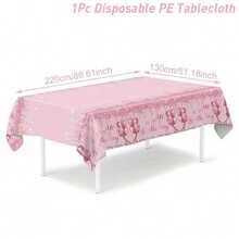 1pc Pink Rectangular Party Tablecloth, Plastic Material, With Crown Balloon Glitter Drip Print, Waterproof Oil-Proof Disposable, Suitable For Adult Theme Birthday, Anniversary, Small Gathering, Dinner Party Decoration, Create Exquisite Romantic Party Atmosphere - A - View 8