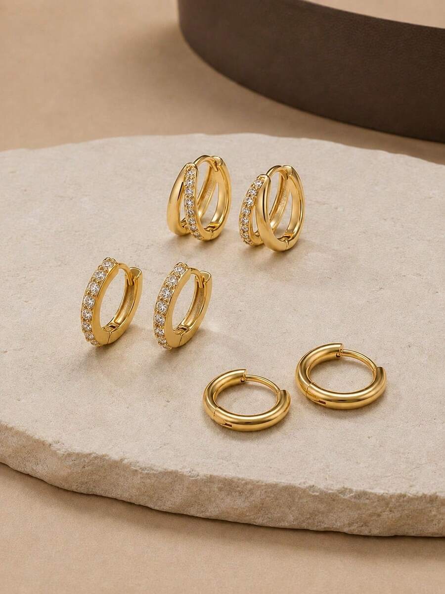 CHICAT Set 3 Pasang Anting Hoop Huggie Emas Wanita, Anting Hoop Kecil Tebal Bertabur Berlian Imitasi CZ, Dapat Ditumpuk untuk Beberapa Tindikan Telinga, Hadiah Perhiasan Minimalis untuk Sehari-hari - Emas - View 1