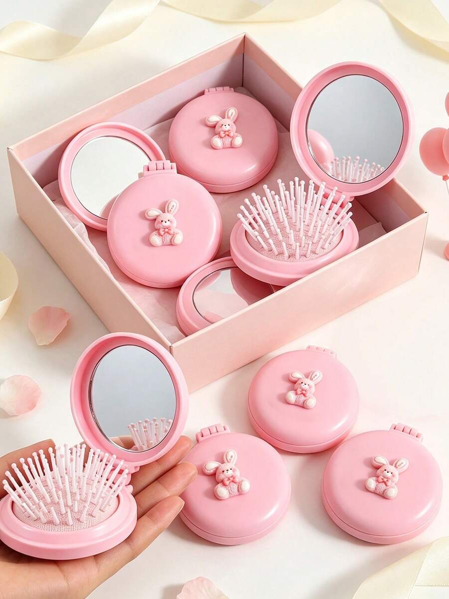 12/6/1pc Pink Rabbit Mini Folding Mirror Comb, Round Portable Scalp Massage Comb, Gender Reveal Party Gift, Baby Shower Gift, Christening Party Gift, Baby Party Theme, Birthday Gift, Wedding Gift, Guest Favor, Party Favors - Multicolor - View 1
