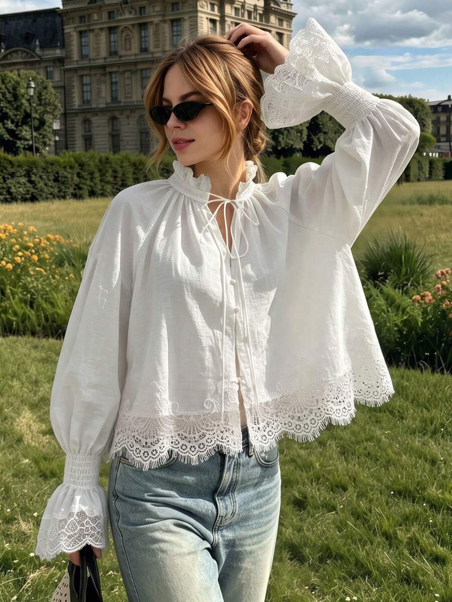 The Lady's White Buttoned Blazer Has Lace Trim On The Cuffs. It Is Suitable For Daily Wear In Spring, Autumn And Early Autumn. - White - View 1