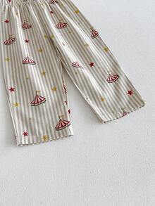 Miniweenns 2pcs/Set Unisex Baby Striped Base Long Sleeve Outfit, Collar + Buttons + Pockets, Circus Star Print - Khaki - View 10