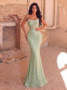 Glamorous Strapless Beaded Sequin Mermaid Evening Gown, Densely Decorated Neckline, Form-Fitting Silhouette With Fishtail Hem Fall Wedding Party - Mint Green - View 5