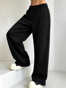 Women's Black Knitted Straight Leg Drawstring Sweatpants, Casual Y2K Style Long Lounge Pants, Suitable For Outdoor Wear - Black - View 3