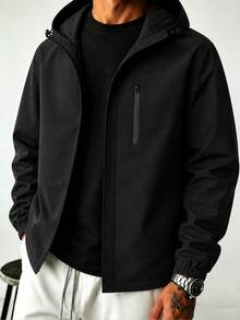 Plus Size Men's Zip-Up Hooded Jacket, Suitable For Spring And Autumn - Black - View 1