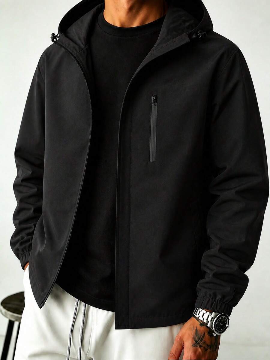 Plus Size Men's Zip-Up Hooded Jacket, Suitable For Spring And Autumn - Black - View 1