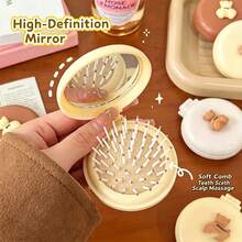 1pc Cute Foldable Air Cushion Hair Brush With Mirror, Portable Mini Compact Massage Comb, Suitable For Women - A - View 4