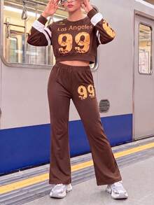 2pcs/Set Girls American Vintage Casual Outfit, Spring/Autumn Digital Print Contrast Color Long Sleeve Top, High Waist Flared Pants - Brown - View 1