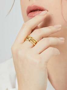 Copper Plated 18K Gold Three-Layer Bamboo Joint Open Ring Inlaid With Cubic Zirconia, Vintage Luxury Style Ring, Stackable Design, High-End Jewelry, Unisex, Suitable For Daily Commute, Party, Street Wear, Couple Friends Holiday Gift Accessory - Gold - View 4