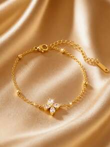 VceTd 1PC Romantic Luxury Stainless Steel Women's Pendant Bracelet With Glass Inlaid Flower Decoration, Suitable For Daily Wear, Date Or Gift - Yellow Gold - View 4
