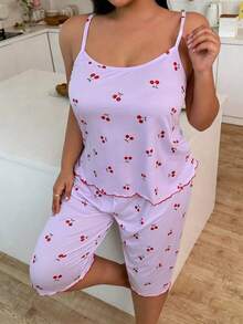 Plus Size Cherry Print Milk Silk Camisole & Long Pants Pajama Set For Women - Lilac Purple - View 5