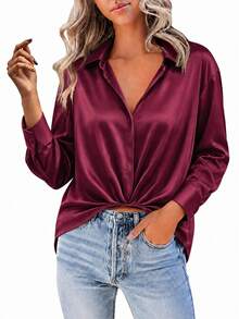 Blus Lengan Panjang Elegan Bergaya Prancis dengan Hiasan Ruffle, Potongan Longgar untuk Wanita dengan Desain Menutupi Perut, Hem Berkerut, Cocok untuk Perjalanan Sehari-hari, Item Fesyen Serbaguna - Burgundy - View 3