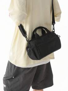 Men's Lightweight Nylon Cylinder Crossbody Bag, Handheld And Crossbody Dual-Use Small Bag With Multiple Zipper Pockets, Casual Commute, Sling, Travel - Black - View 10
