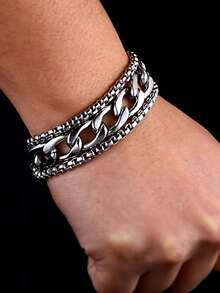 1pc Vintage Classic Hip Hop Punk Style Multi-Layer Cuban Chain Stacked Heavy Bracelet, Men's Fashion Street Rock Accessory, Perfect Birthday Holiday Gift - Silver - View 2