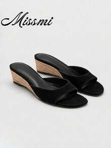 2026 Spring/Summer New Women's Faux Leather Mule Wedge Open-Back Sandals - Black - View 1