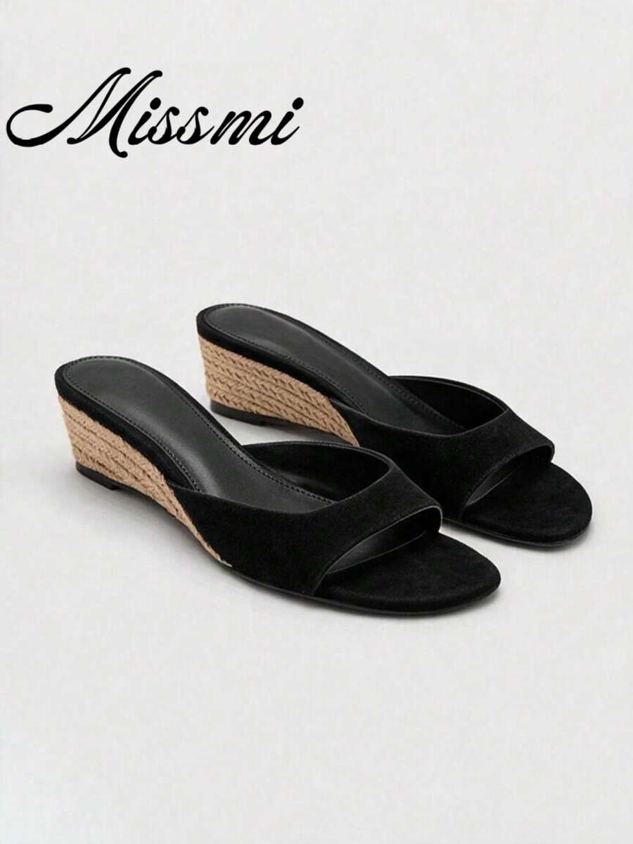 2026 Spring/Summer New Women's Faux Leather Mule Wedge Open-Back Sandals - Black - View 1