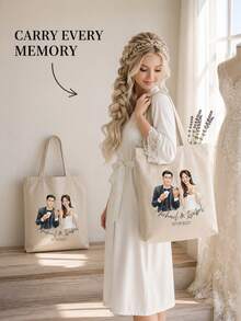 Tas Tote Potret Foto Kustom, Nama dan Tanggal yang Dipersonalisasi, Tas Bahu Seni Cat Air, Hadiah Sentimental untuk Pasangan, Ulang Tahun Pernikahan, dan Penggunaan Sehari-hari - MultiWarna - View 2