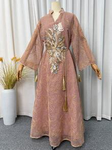 女款亮片刺繡缺口領洋裝，優雅時尚長袖A字裙，適合派對婚禮賓客，女款伊斯蘭服飾，四季可穿 - 珊瑚粉 - 查看 6