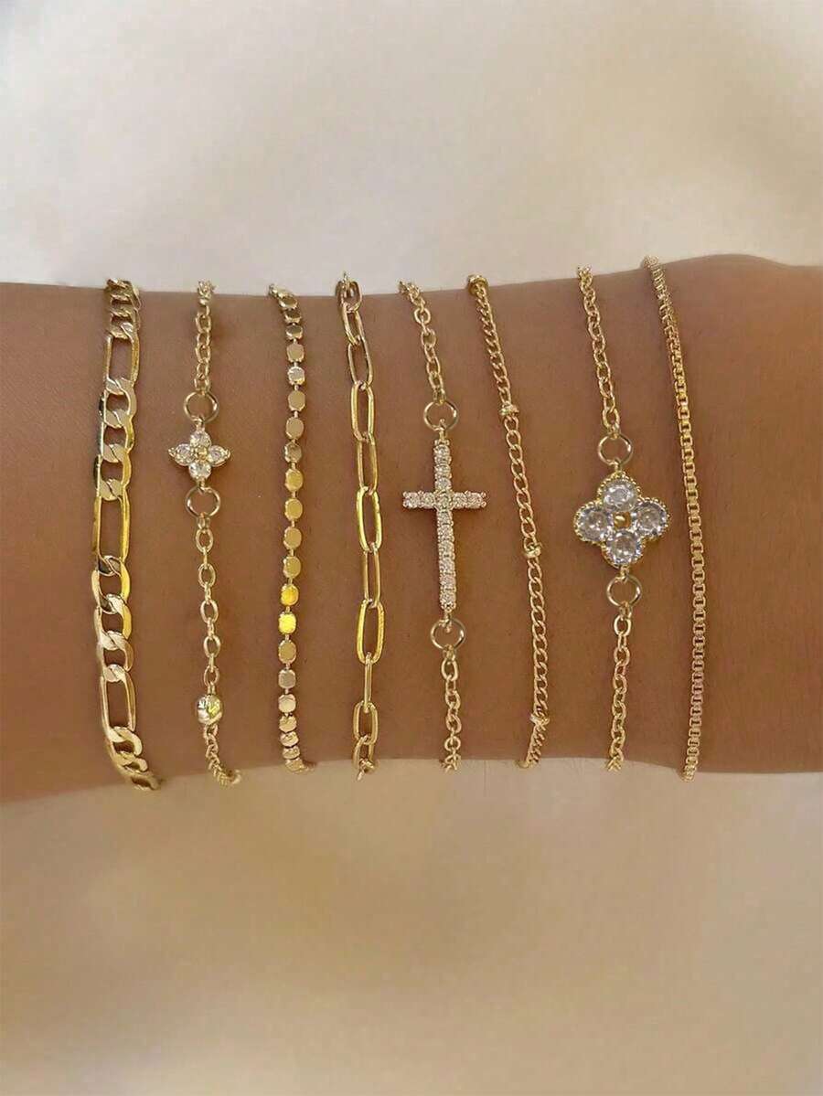 8Pcs Delicate Stackable CZ Cross & Clover Charm Bracelet Set, Multi-Layer Women Bracelets For Daily Party, Ideal Holiday Gift, Random Beads - Gold - View 1