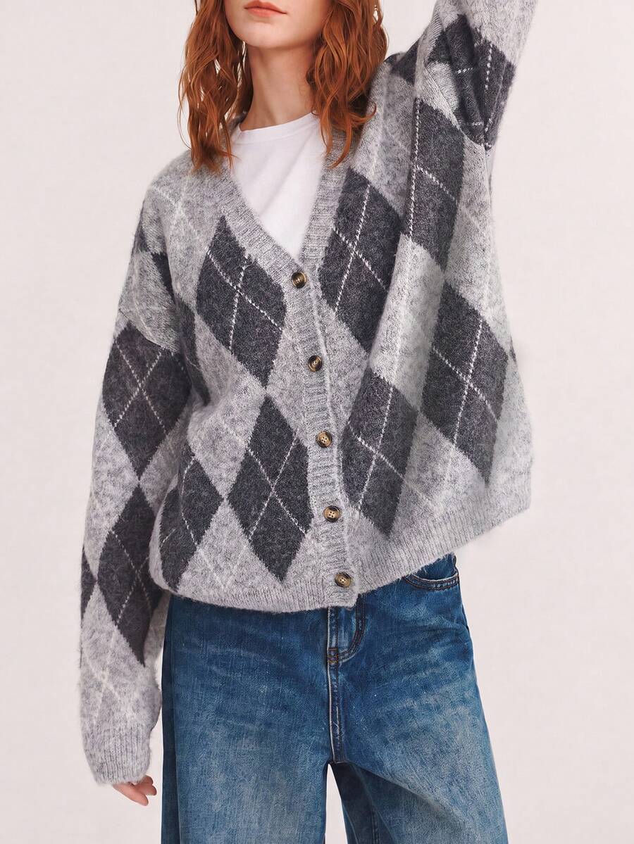 Women's Autumn/Winter Casual Classic Argyle Pattern V-Neck Cardigan Jacket - Grey - View 1