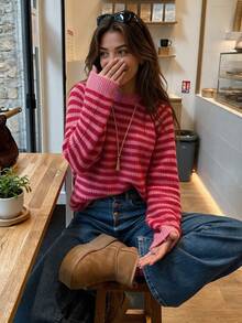 Senya Women's Vintage Colorblock Striped Knit Sweater, Round Neck Fuzzy Loose Pullover, Drop Shoulder Casual Long Sleeve Top Fall - Hot Pink - View 1
