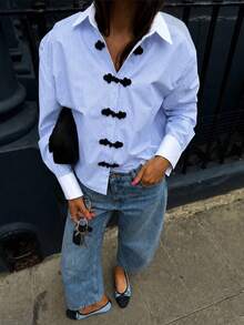 Women's Fashion Casual Frog Button Lapel Long Sleeve Striped Shirt, Striped Front Button-Down, Commute Daily Date - Blue and White Stripes - View 1