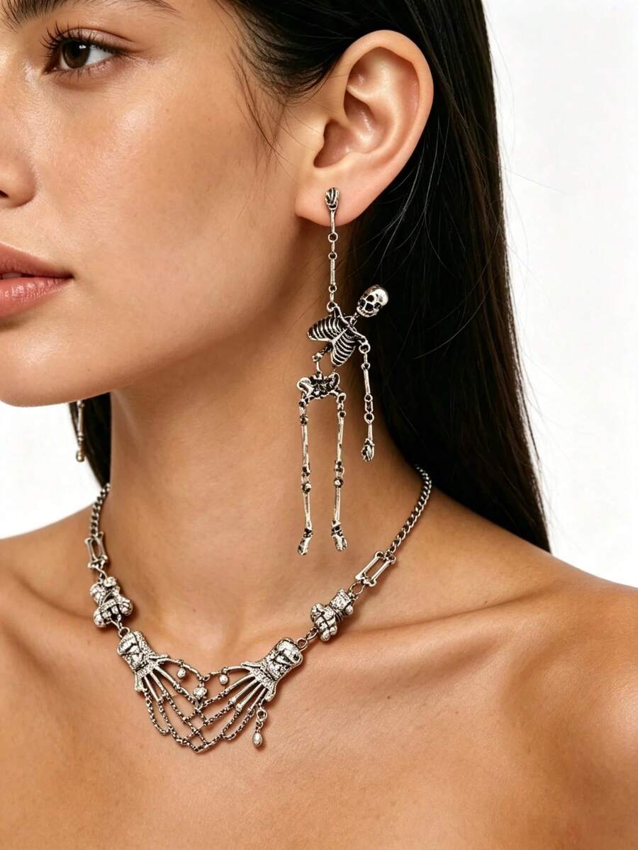 3pcs Halloween Dark Gothic Punk Skull Earrings & Necklace Set, Includes Skull Dangle Earrings And Skull Palm Spliced Necklace, Suitable For Halloween Party, Rock Music Festival And Subculture Themed Looks, Wearing The Set Enhances Visual Impact, Eye-Catching Accessories, Perfect Gift For Gothic Lovers (Necklace Color Is Gunmetal Black) - Multicolor 3 - View 1