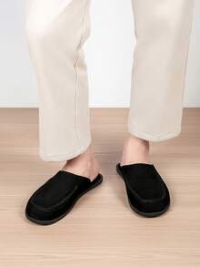 Men's Wide Toe Box Suede Mule Loafers, Half-Slip-On Closed-Toe Vintage Style, Soft Faux Suede Velvet Texture, Low-Key Premium - Black - View 6