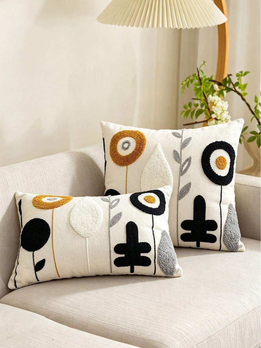 1 件簡約帆布圓形花卉刺繡枕套