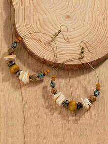 2pcs Bohemian Handmade Beaded Shell & Wooden Bead Hoop Earrings, Beach Vacation Jewelry - Multicolor - View 4