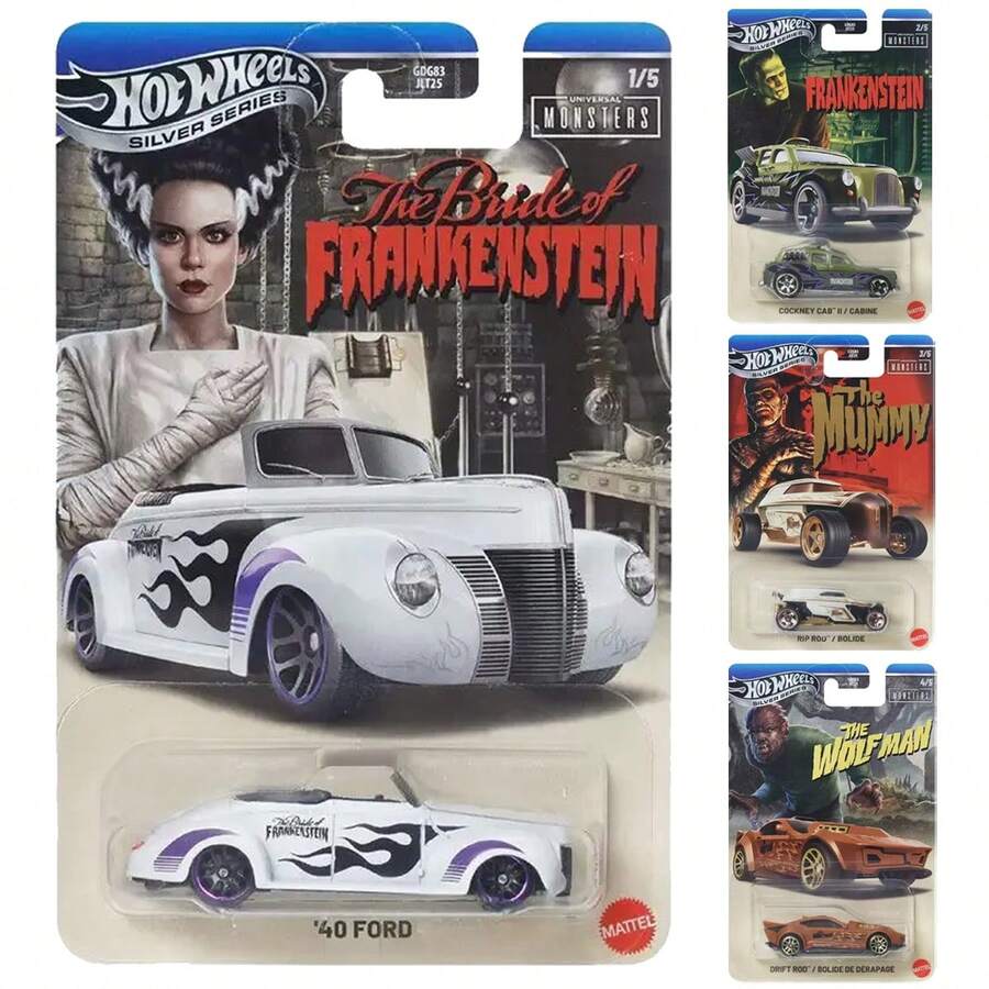 1:64 Diecast Model Car, Mattel Hot Wheels GDG83 Universal Monsters Series, , Cockney Cab II, Rip Rod, Mummy, Wolf Man, Chevy Panel, Dracula, Collectible Gift Toy - Multicolor - View 1