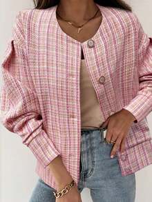 Women's Pink Plaid Long Sleeve Short Open Front Tweed Coat, Autumn/Winter Outfit Fall - Pink - View 6