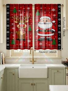2Pcs Cartoon Santa Claus & Red Nose Reindeer Curtains, Red Plaid Winter Print Pattern, Holiday Window Decor, Semi-Sheer Rod Pocket Curtains, Suitable For Living Room And Bedroom, Rod Not Included, Living Room Christmas Curtains - Cartoon - View 14