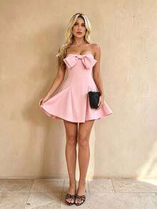 Women's Pink Bow Strapless Elegant Dress For Summer, Dating, Party, Vacation - Pink - View 1