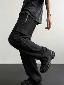 1pc Men's Straight Leg Cargo Pants, Zipper Side Pockets, Versatile Commuter Straight Leg Casual Pants, Sporty Style - Black - View 5