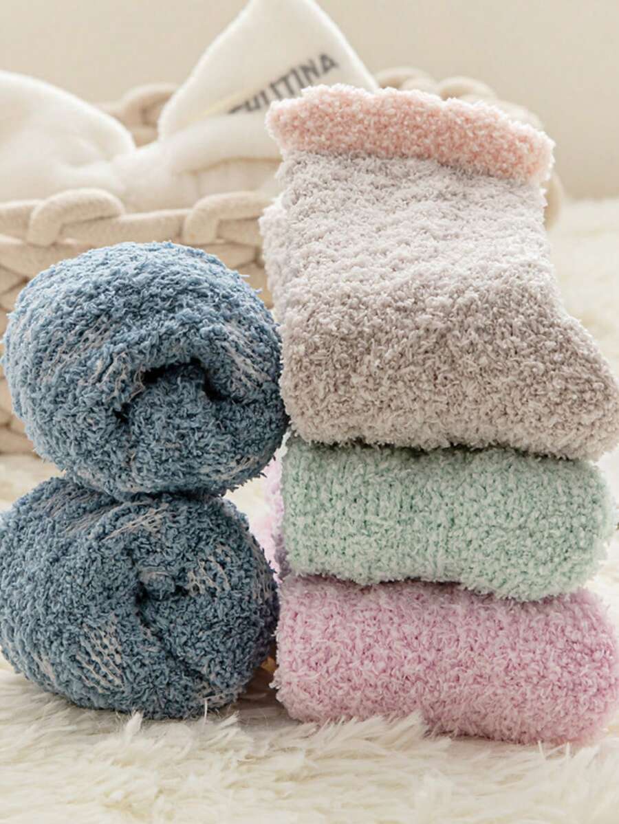1/3/5/15 Pares de Meias Femininas de Textura Torcida em Fleece de Coral até a Panturrilha, Meias Macias e Felpudas para Casa, Sono e Chão, com Punho em Cor Contrastante, Meias Quentes de Inverno - Multicolorido - Visão 1