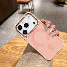 Electroplated Lens Magnetic Skin-Feel Phone Protective Case Compatible With IPhone 11 12 13 Pro Max 14 14 Pro Max 15 15 Pro Max 16 16 Pro Max 17 17 Pro 17 Pro Max 18 18 Pro 18 Pro Max - Pink - View 1