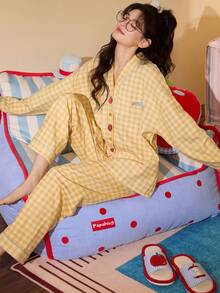 2pcs/Set Women's Pajamas Homewear, Cardigan V-Neck Fruit Letter Print With Pockets Long Sleeve Long Pants, All Season - Yellow - View 6