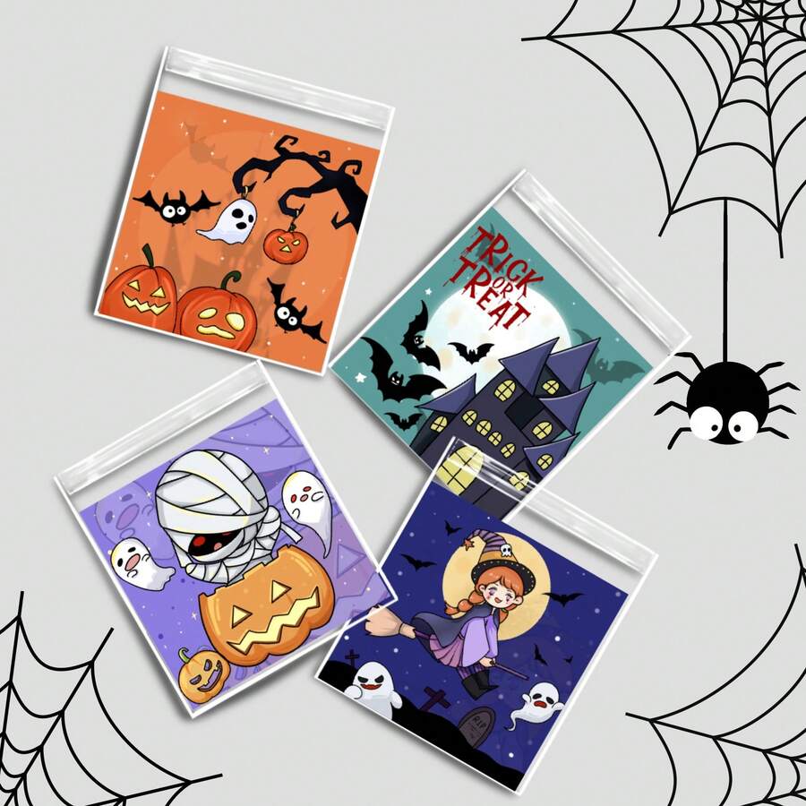 50pcs/60pcs/100pcs Reusable Halloween Self Sealing Treat Bags Pumpkin Ghost Print Cookie Snack Packaging For Candy Party Favors Dessert Table Gift Supplies - Multicolor - View 1
