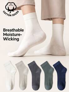 5 Pairs Men Cotton Crew Socks, Breathable Moisture‑Wicking Mid‑Calf Socks, Solid Color Lightweight Ribbed Cuff Casual Business Daily Socks For Men - Multicolor - View 16