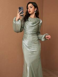 Women's Elegant Green Mermaid Gown, Decorated With Pearls, Long Bishop Sleeves, Ruched Corset, Suitable For Formal Evening Events - Mint Green - View 8
