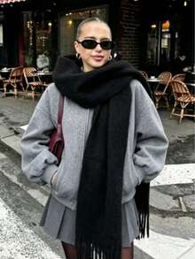 1pc Women's Long Solid Color Plush Scarf, Winter Warm Neck Protection, Black Thick Shawl-Style Tassel Warm Scarf - Black - View 1