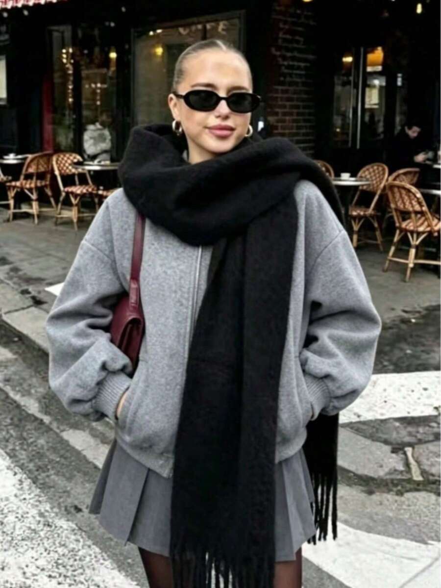 1pc Women's Long Solid Color Plush Scarf, Winter Warm Neck Protection, Black Thick Shawl-Style Tassel Warm Scarf - Black - View 1