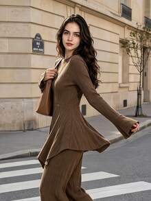 Women Fall Pleated Long Flare Sleeve Top, Round Neck Asymmetrical Ruffle Hem Blouse Autumn Outfits For Women - Coffee Brown - View 7