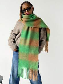 1PcWomen Fuzzy Mohair Texture Plaid Fringe Scarf, Oversized Color Block Check Winter Warm Neck Wrap Shawl - Coffee Green - View 2