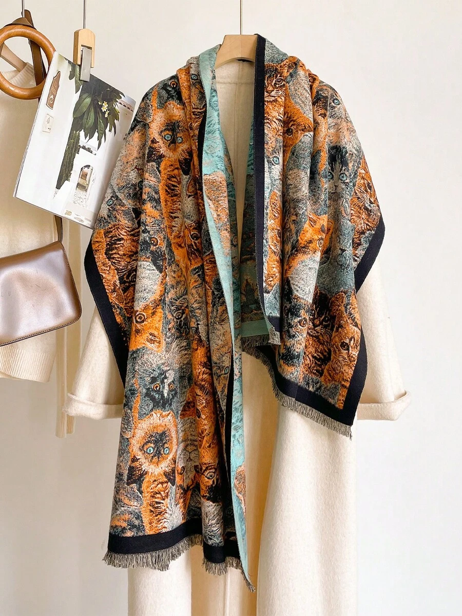 1pc Multi‑Breed Kitty Portrait Pattern 70*188cm Thick Shawl, Heavy Brushed Polyester Imitation Cashmere, Fall Winter Multi‑Use Wrap For Trip Gathering - Multicolor - View 1
