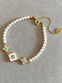 1pc Elegant Metal Beaded Bracelet With Pearl And Floral Pendant, Turquoise Accents, Versatile Daily Jewelry Gift For Women - Beaded Bracelet - View 6