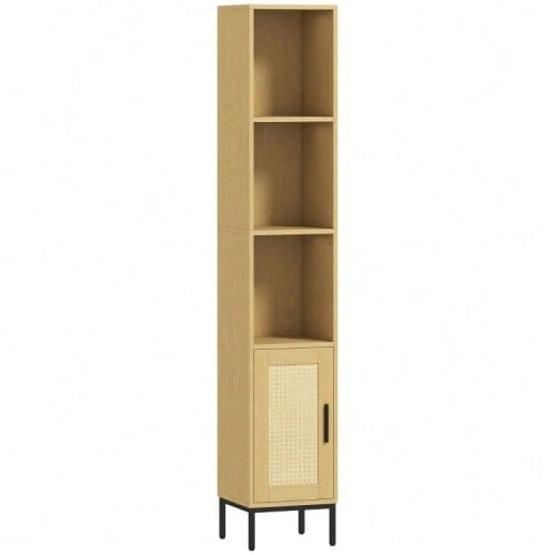 Tall Bathroom Cabinet, Slim Bathroom Cupboard With Open Shelves And Adjustable Shelf, Natural Wood Look - Natural Color - View 1