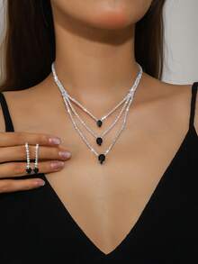 Women Multi‑Layer Black Teardrop Rhinestone Necklace Earrings Set Sparkling Layered Jewelry For Bridal Formal Occasions - Silver Black - View 1