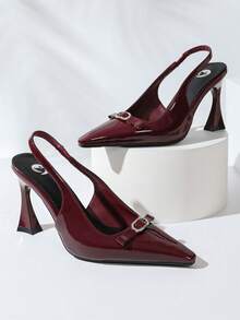 Women's Burgundy Patent Pointed Toe Slingback Sandals, Rhinestone Bow Decor Back Strap, Vintage Flared Heel Closed Toe Dress Heels - Burgundy - View 8