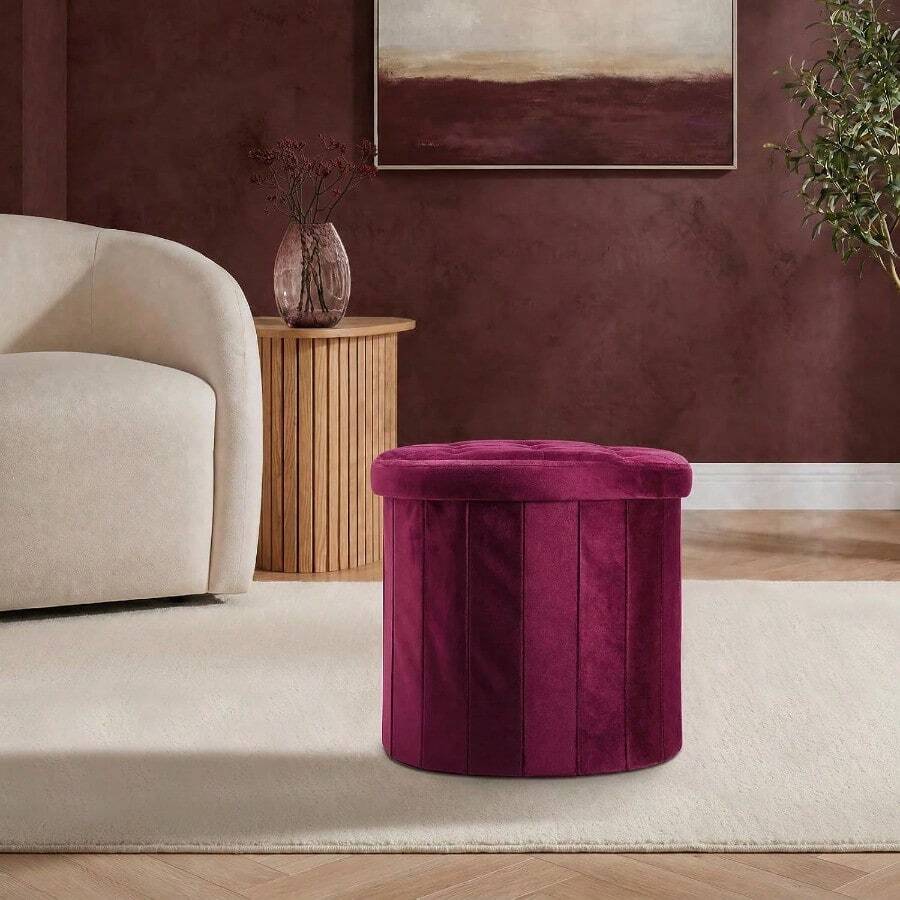 Round Velvet Folding Storage Pouffe Equipped With A Lid, Works As Multifunctional Ottoman For Home Use - Berry - View 1